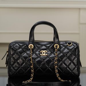 CHANEL 25A gold buckle black waxed cowhide bowling bag double chain shoulder bag