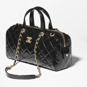 CHANEL 25A gold buckle black waxed cowhide bowling bag double chain shoulder bag