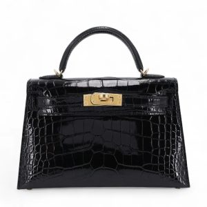 Hermès Mini Kelly II 89 Black Noir Alligator Shiny Gold Buckle