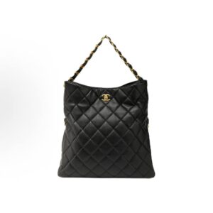 CHANEL 24P Spring/Summer HOBO Gold Buckle Diamond Black Leather Chain Smooth Lambskin Single Handle Bag