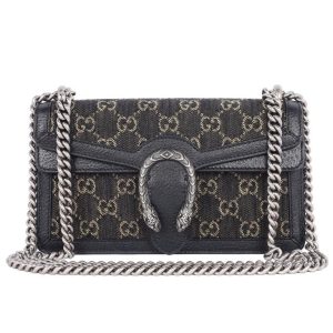 Gucci Dionysus shoulder bag in black denim with jacquard pattern and GG monogram textured calfskin