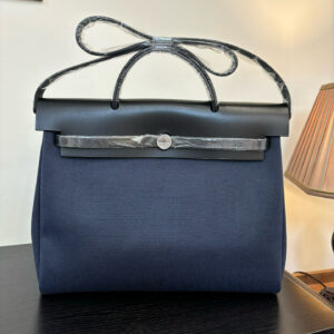 HERMESHerbag Zip 31 Silver Buckle Canvas and Hunter Leather Handbag Shoulder Bag for Women in Maltese Blue/Black