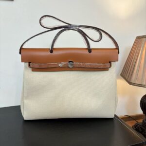 HERMES Herbag Zip39 Silver Buckle H Viking Canvas and Hunter Leather Shoulder Bag for Women (Beige)