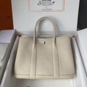 HERMES Garden Party36 Negonda calfskin garden bag handbag canvas lining silver buckle glacier white (cement gray)