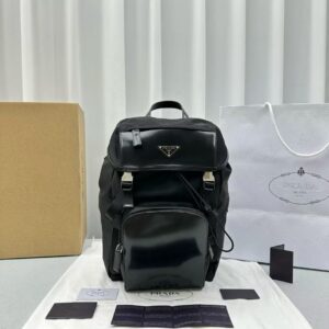 PRADA enamel gold triangle adjustable shoulder strap fabric and leather backpack