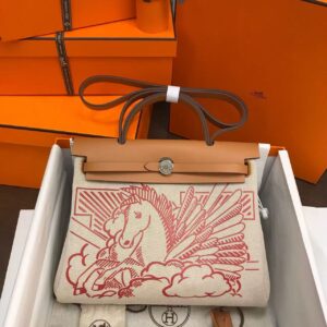 HERMES Herbag Zip Zip 31 Retourne Pegase Pop Pegasus Silver Buckle Canvas and Leather Portable Shoulder Crossbody Bag Women's Orange Brown