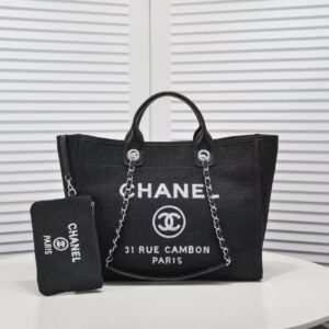 CHANEL Leather Chain Large Capacity Canvas Tote Bag