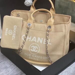 CHANEL Leather Chain Large Capacity Canvas Tote Bag