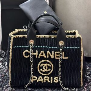 CHANEL leather chain large capacity cotton patchwork woven tote bag