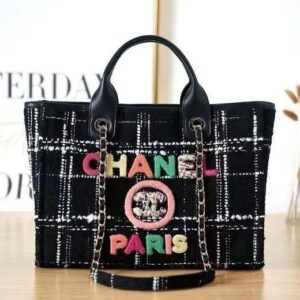 CHANEL leather chain embroidered letter gold chain wool tote single compartment bag
