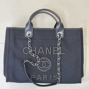 CHANEL Leather Chain Large Capacity Canvas Tote Bag