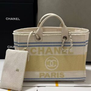 CHANEL leather chain and gold-tone metal hardware cotton canvas tote bag