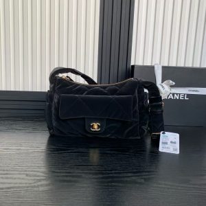 CHANEL 24N SKI series Bowlig diamond pattern gold buckle velvet material crossbody bag